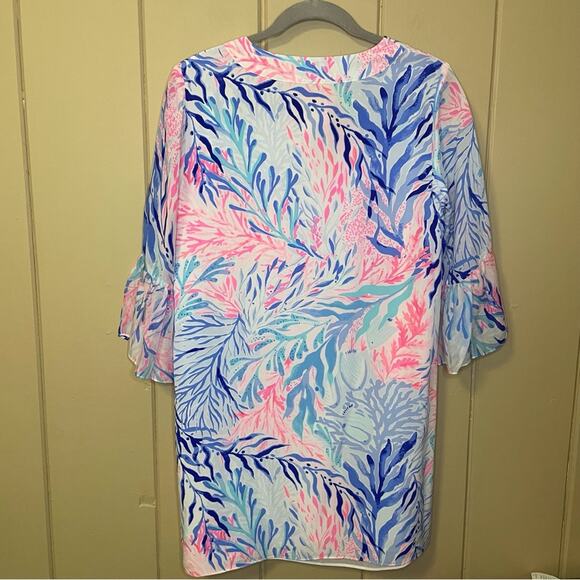 Lily Pulitzer Elenora Silk Dress. Blue tint kaleidoscope coral. Size small. - Picture 2 of 5